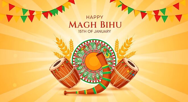 Happy magh bihu festival celebration with traditional drums and decorations