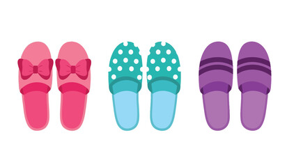 Set of three pairs of cute cartoon slippers in pink, turquoise with polka dots, and purple with stripes