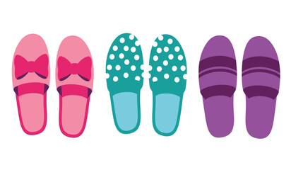 Collection of three pairs of indoor slippers for women: pink with bows, teal with polka dots, and purple with stripes.