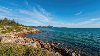Coastal landscape with rocks and greenery along the ocean under a clear blue sky.