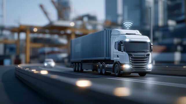 High-tech logistics hub with AI directing autonomous trucks through precise lanes, emotion of order and efficiency visible, representing smart freight management, industrial AI systems, and