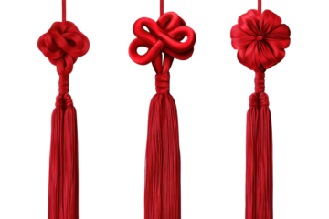 Traditional Chinese art of knot tying featuring various intricate designs of knots in bright red color on display