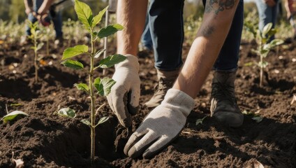 Hands in gloves planting a young tree in the earth