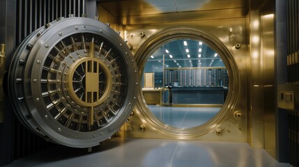 Digital vault storing tokenized assets with futuristic robotic security systems, emotion of safety and vigilance visible, symbolizing AI-managed digital finance, blockchain asset security, and