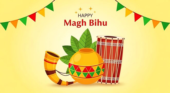 Vibrant magh bihu celebration with traditional assamese musical instruments and festive decorations