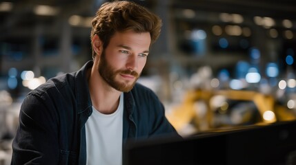 Engineer interacting with immersive digital twin interface projecting automated production line metrics, emotion of curiosity and control visible, representing predictive analytics, smart