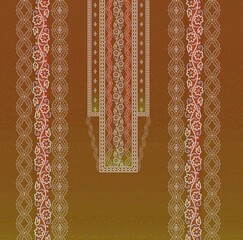 Traditional Textile Pattern with Vertical Floral Lace Bands on Gradient Green to Reddish-Brown Background