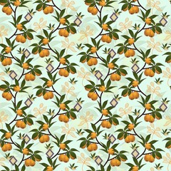 Seamless pattern of orange fruits with leaves and diamond shapes