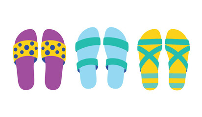 Collection of three pairs of colorful graphic sandals and flip flops for summer footwear and beach vacation style