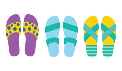 Collection of three pairs of stylish flip-flops in various colors and patterns for summer beach footwear