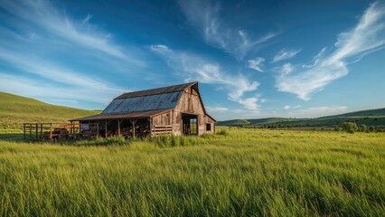 Obraz premium A rustic barn in a green field under a blue sky with clouds.