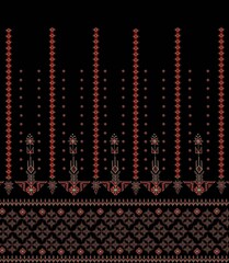 Ethnic Textile Pattern with Symmetrical Floral Geometry and Diamond Borders on Black Background