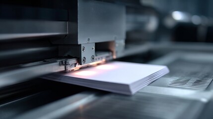 Close-up view of an industrial printer in action with a stack of paper being processed