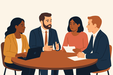 Diverse group of professionals in business attire collaborating around a round table with laptops and papers in a neutral background office setting