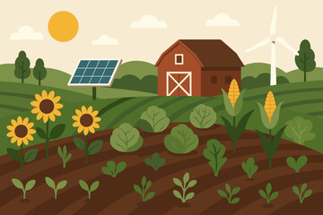 Pixelated Countryside Scene with Farmhouse Sunflowers Corn Plants Solar Panel and Wind Turbine Under a Sunny Sky