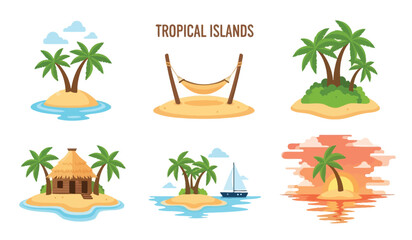 Collection of tropical island illustrations featuring palm trees, beaches, huts, hammocks, and sailboats at sunset.