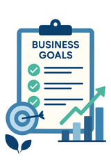 Clipboard with Business Goals Checklist and Target Bullseye next to Growth Chart Bars and Arrow with Two Green Leaves in Blue and Teal Tones Isolated on Black
