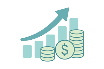 Bar Chart Illustrating Financial Growth With Stacks Of Coins And An Upward Trend Arrow In Teal And Beige Tones On A Black Background