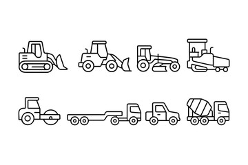 Collection of Construction Vehicle Icons With Clean Lines and Outline Style on White Background