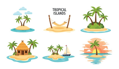 Fototapeta premium Collection of tropical island scenes with palm trees, beaches, and ocean vistas for vacation and travel themes.