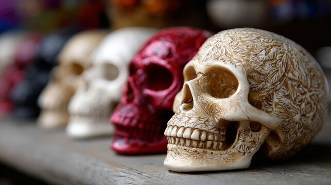 Four colorful and intricately carved skulls displayed on a wooden surface with blurred background - Powered by Adobe