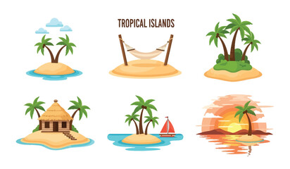 Collection of flat design tropical island scenes with palm trees, bungalow, hammock and sailboat