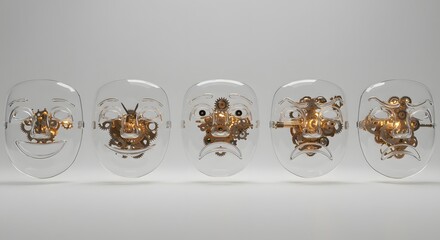 Emotional masks with gears emotion expression feelings, transparent faceplates showing mechanical cogwheels, conceptual psychology for mental health, banner