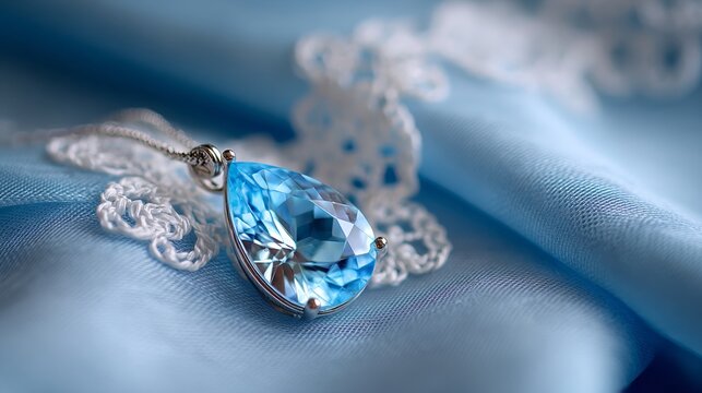 Elegant teardrop-shaped blue gemstone pendant on delicate lace and silk fabric - Powered by Adobe