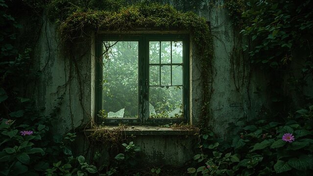 Abandoned window in an overgrown building with lush greenery and flowers, showing signs of neglect and nature reclaiming the space.