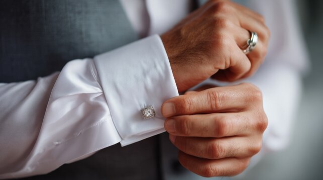 Close-up of a person fastening a cufflink on a white shirt sleeve with attention to detail
