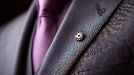 Close-up of a tailored suit jacket with a purple tie and button detail for a formal or business setting