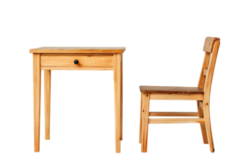 A wooden desk and chair isolated on transparent background, furniture set