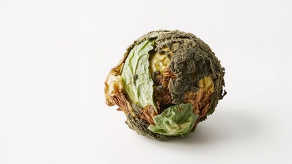 Fototapeta premium A moldy food item with green, yellow, and brown parts, showing signs of decay and spoilage.