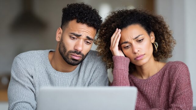 Couple looking worried while using a laptop together in their home environment