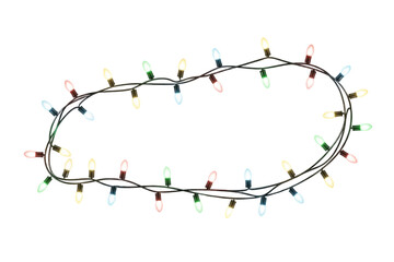  Glowing string of colorful Christmas lights, bokeh effect, realistic illumination, isolated on transparent background. 