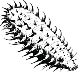 Black bold outline with white background, Spiky sea cucumber silhouette outline, black fine lines, white background, clear texture structures, marine biology sketch style, editable vector 2