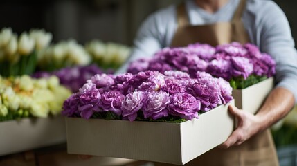 Florist carrying a box of beautiful purple roses while organizing flower arrangements in a bustling floral shop