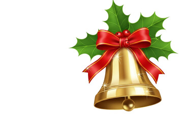 Golden Christmas bell with red ribbon bow and holly leaves, realistic shine and shadows, isolated on transparent background.