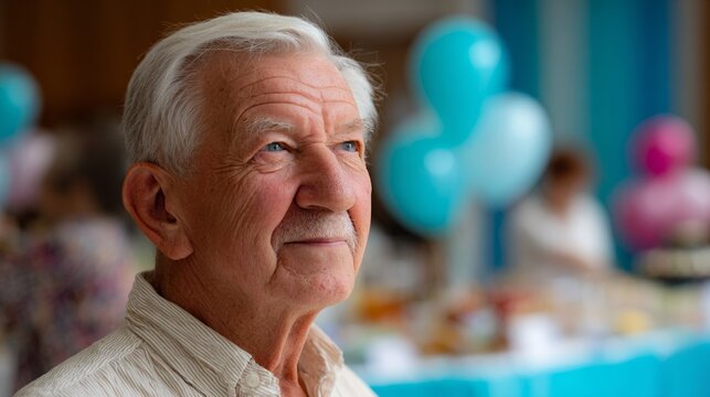 Elderly man enjoying a festive gathering with colorful balloons in the background