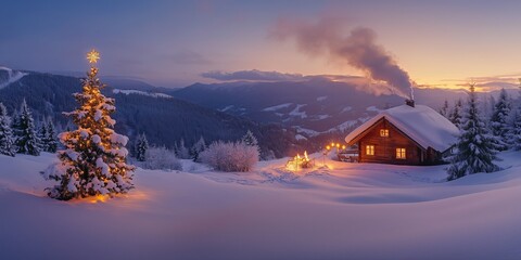 a christmas tree with candles stands in the snow next to a lonely romantically lit hut in mountains
