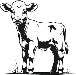 Cute calf outline drawing, soft rounded black strokes, white background, simple baby animal pose, family farm style minimal vector 2