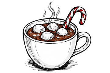  Hot cocoa mug with marshmallows, candy cane inside, and steam rising, cozy warm lighting, isolated on transparent background. 