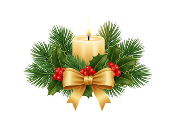  Lit candle with pine leaves, holly berries, and golden ribbon around base, glowing light effect, isolated on transparent background. 