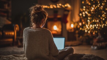 A woman relaxes by fireplace with laptop