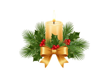  Lit candle with pine leaves, holly berries, and golden ribbon around base, glowing light effect, isolated on transparent background.