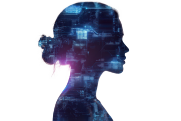 Futuristic silhouette of a person with digital elements in a modern urban setting during twilight hours