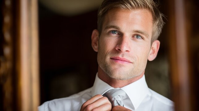 Confident man adjusting his tie while preparing for a formal occasion in an elegant setting - Powered by Adobe