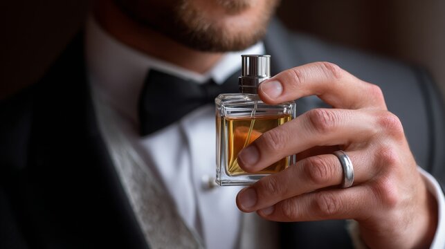 Close-up of a man in a formal suit holding a bottle of cologne, emphasizing elegance and sophistication