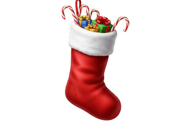  Red Christmas stocking with white fluffy top, filled with candy canes and small gifts, isolated on transparent background, realistic style.