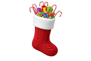Red Christmas stocking with white fluffy top, filled with candy canes and small gifts, isolated on transparent background, realistic style.
